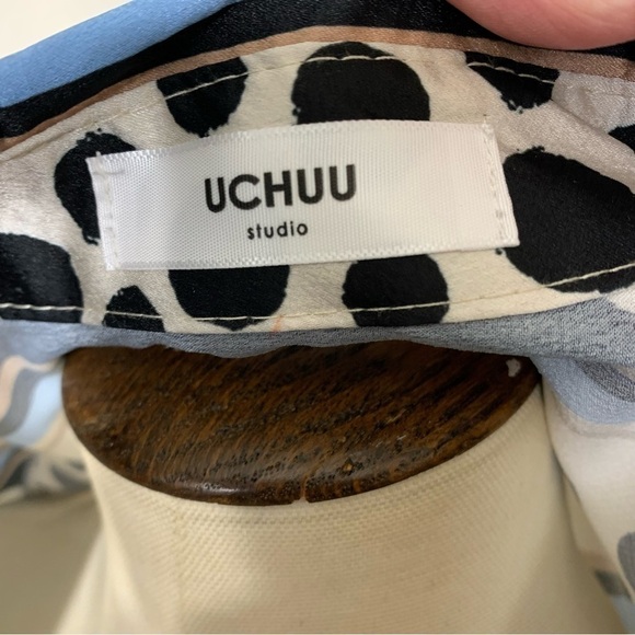 UCHUU italian lagen look neutral flowy dots button down satiny tunic blouse M/L - Picture 8 of 12